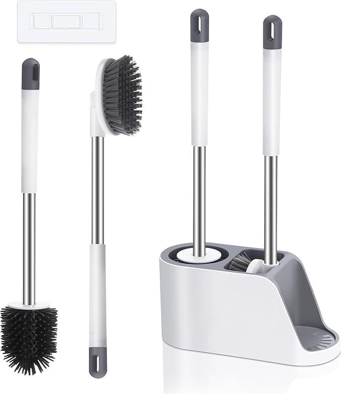 Toilet Cleaning Brushes Set Holder Stand with Silicone Toilet Bowl Brush & Soft Bristles