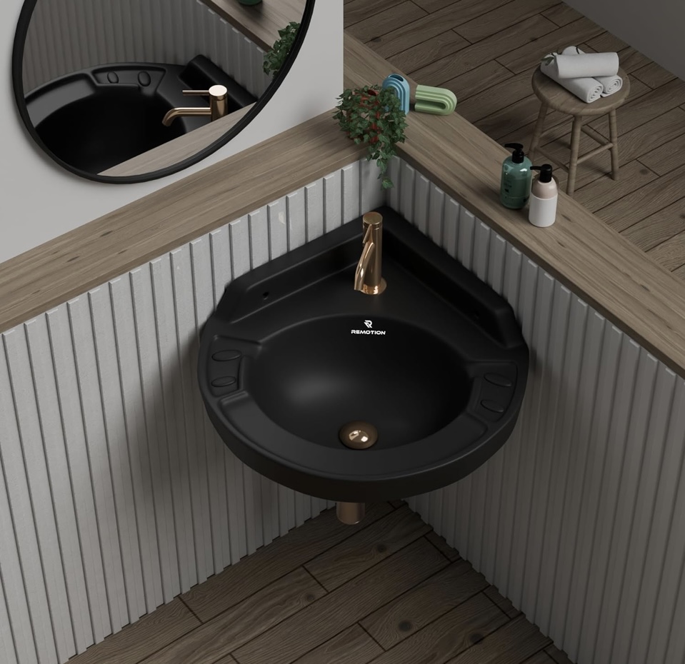 REMOTION Ceramic Wall Hung Corner Wash Basin