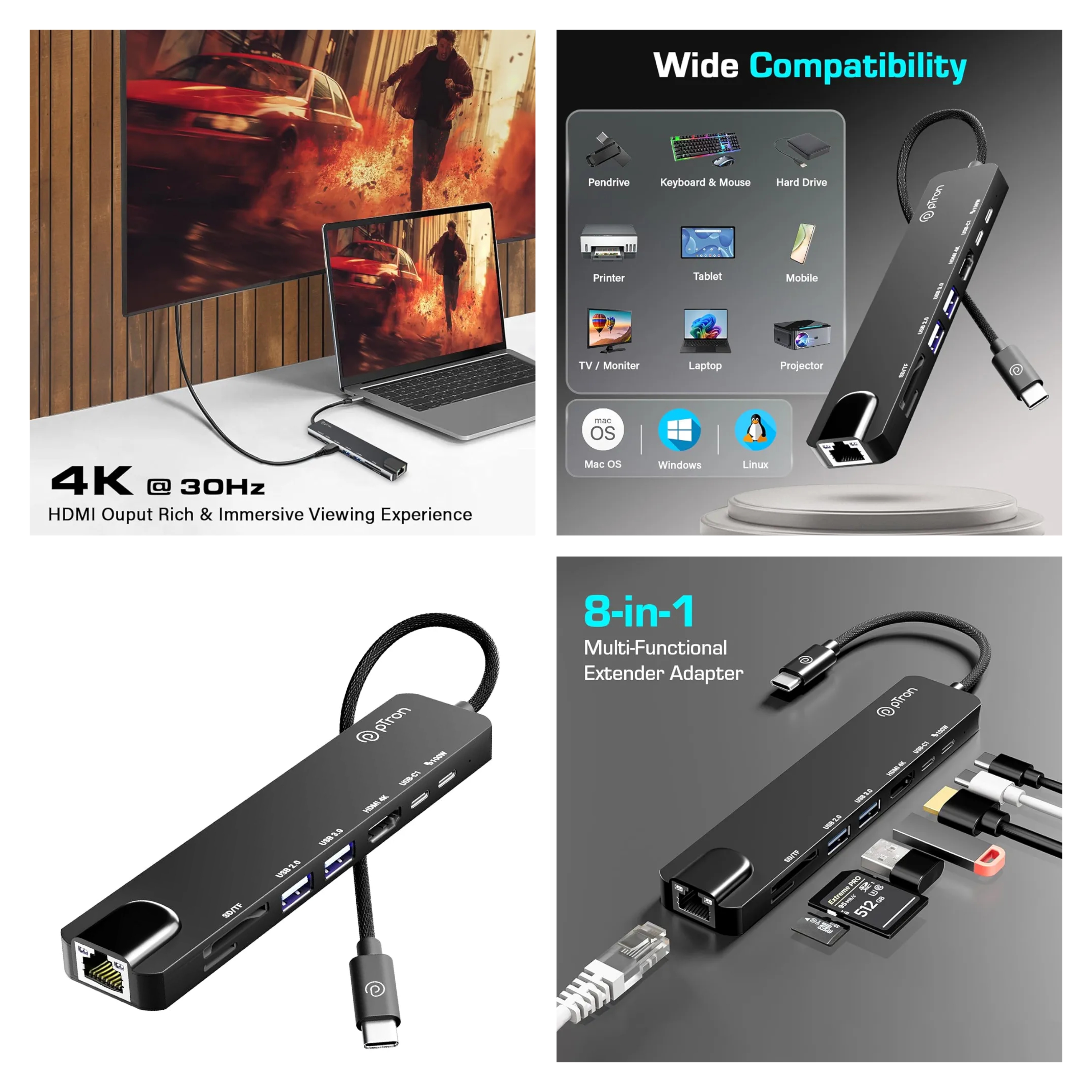 pTron Nexo 8-in-1 Type-C USB Hub w/ 4K@30Hz HDMI, 100Mbps Ethernet, 100W PD Charging, USB 3.0, USB 2.0, USB-C 2.0 Data, microSD/SD Card Reader Slots for All Type C Devices, MacBook, Laptop, PC (Black)