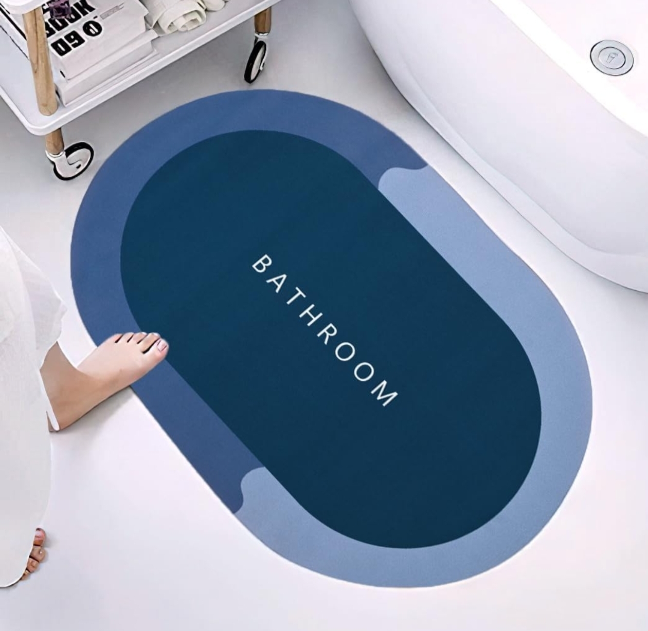 VEXIO Modern Oval Bathroom Floor Mat – Navy Blue, Non-Slip Design