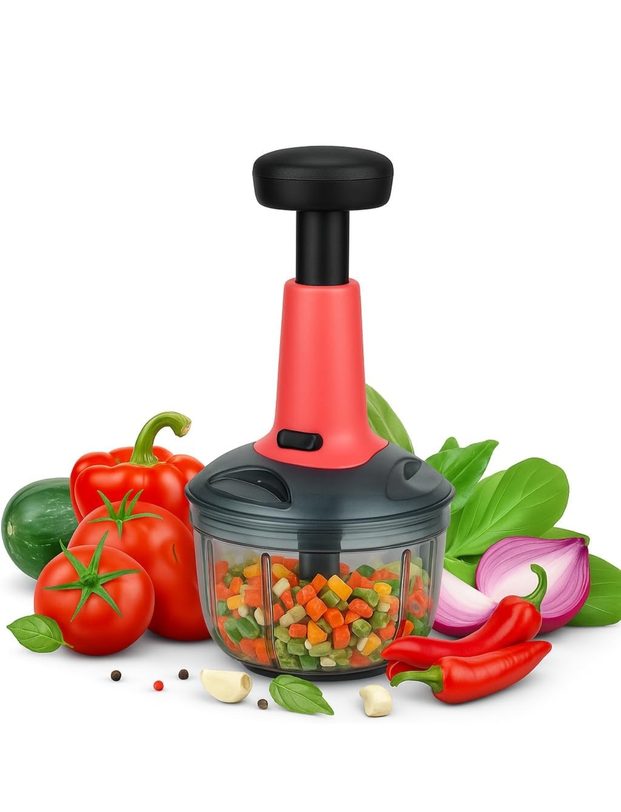 YOUONE Food Chopper,3 Blade Steel Large Manual Hand-Press Vegetable Chopper Mixer Cutter to Cut Onion, Salad, Tomato, Potato (650 Red)