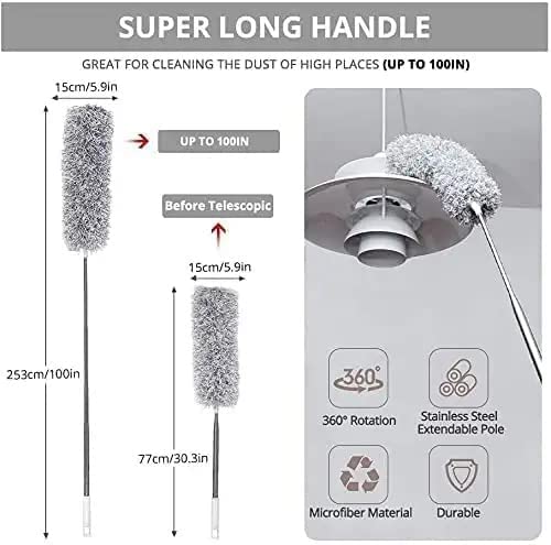 Hallstatt 2025 Upgraded Long Handle Microfiber Feather Fan Ceiling Duster for Dust Cleaning with extendable Pole 100 Inch with Anti Scratch Bendable Brush for Cleaning High roof Cobweb Stick | Grey