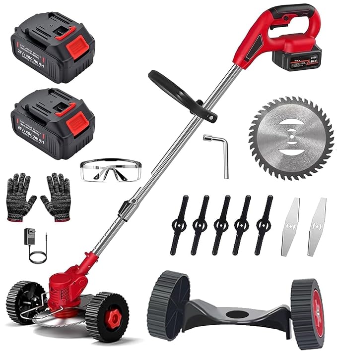 YOGIMOONI Cordless Electric Grass Cutter Machine – Adjustable Height and Portable Garden Lawn Trimmer – Weed Cutting Hand Grass Weeder for Home Garden Lawn Yard – Includes 2Pcs Rechargeable Battery