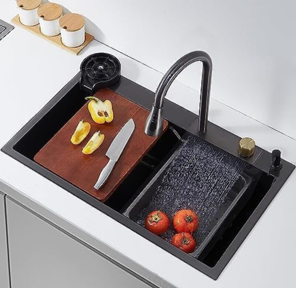 SUMRA G Kitchen Sink With Anti-Scratch Honeycomb Design, Integrated Waterfall & Pull-Down Faucet Set,