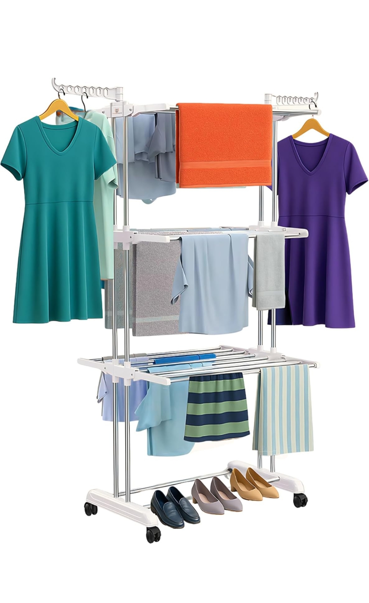 H Houseware Foldable Cloth Drying Stand Stainless Steel – 3 Tier Heavy-Duty Clothes Dryer for Balcony, Indoor & Outdoor Use | with Wheels & Hanger Slots | Rust-Proof Laundry Rack (White)