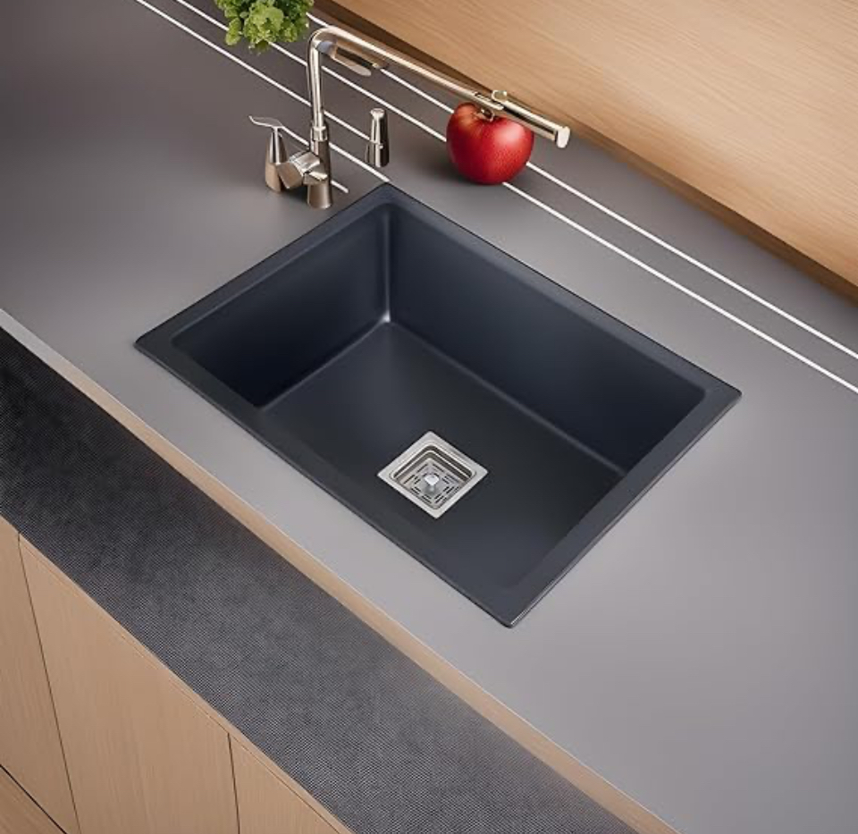 SUMRA G Granite Quartz Single Bowl Kitchen Sink With Drain Board, Drain Rack and PVC Waste Pipe-Flushmount/Undermount/Top Mounted Kitchen Sink