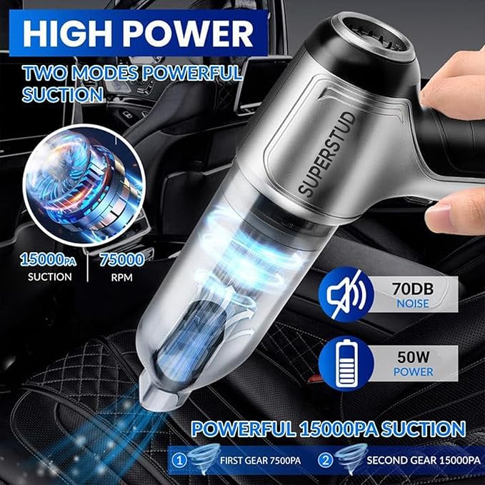 SUPERSTUD Car Vacuum Cleaner 2 in 1 with 3 Attachments & Blower | Cordless Handheld Vacuum Cleaner for Wet & Dry Cleaning for