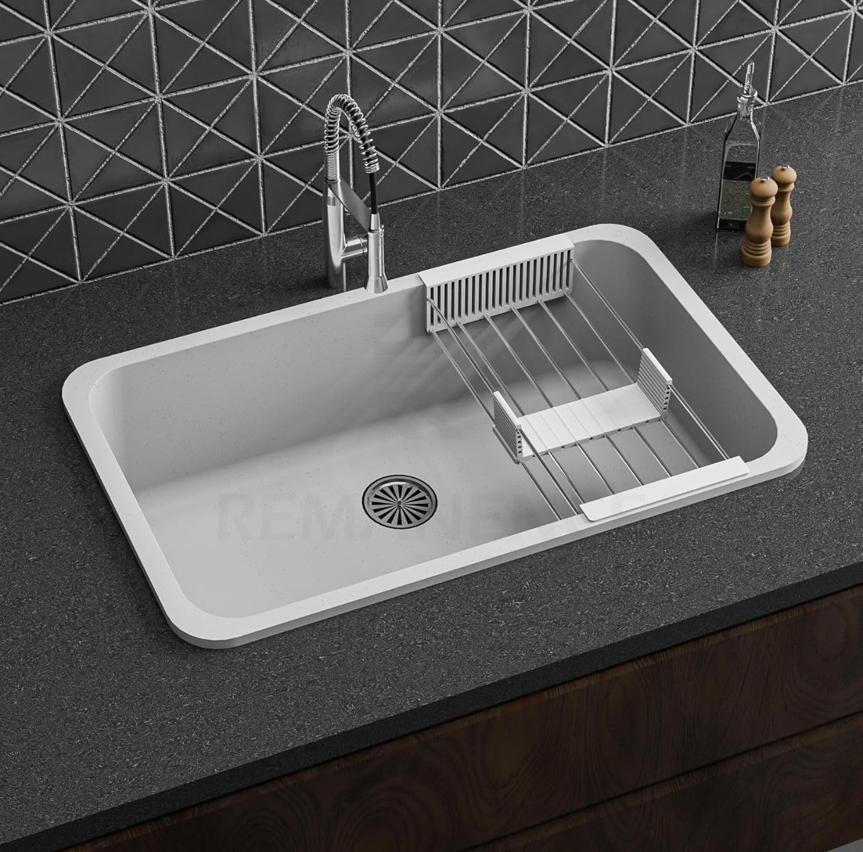 REMANENCE Granite Quartz Singke Bowl Kitchen SInk | Matte Finish Kitchen Sink With Drain Board and Drainer Basket | Modern Sink for Kitchen (31 x 19 x 9 Inch) (White Dot)