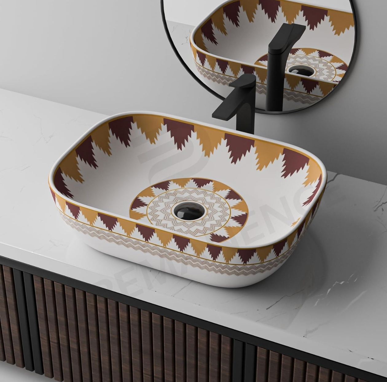 REMANENCE Ceramic Table Top Wash Basin | Designer Table Top Bathroom Basin Sink | Vessel Sink Wash Basin Over Counter for Bathroom, Hotel, Home Living Room (18 x 13 x 5.5 Inch) (Moroccan 1155)