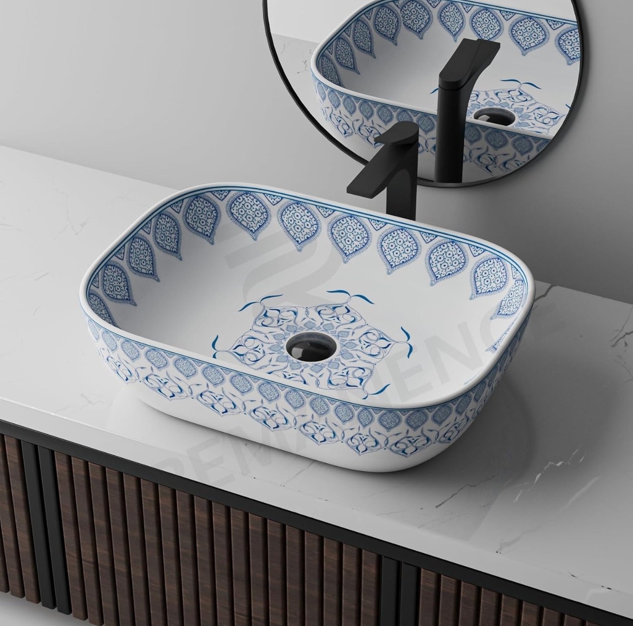 REMANENCE Ceramic Table Top Wash Basin | Designer Table Top Bathroom Basin Sink | Vessel Sink Wash Basin Over Counter for Bathroom, Hotel, Home Living Room (18 x 13 x 5.5 Inch) (Moroccan 1153)