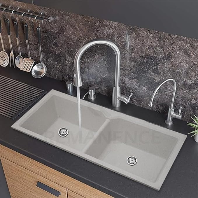 REMANENCE Granite Quartz Double Bowl Kitchen Sink With Drain Board Flushmount/Undermount/Top Mounted Kitchen Sink