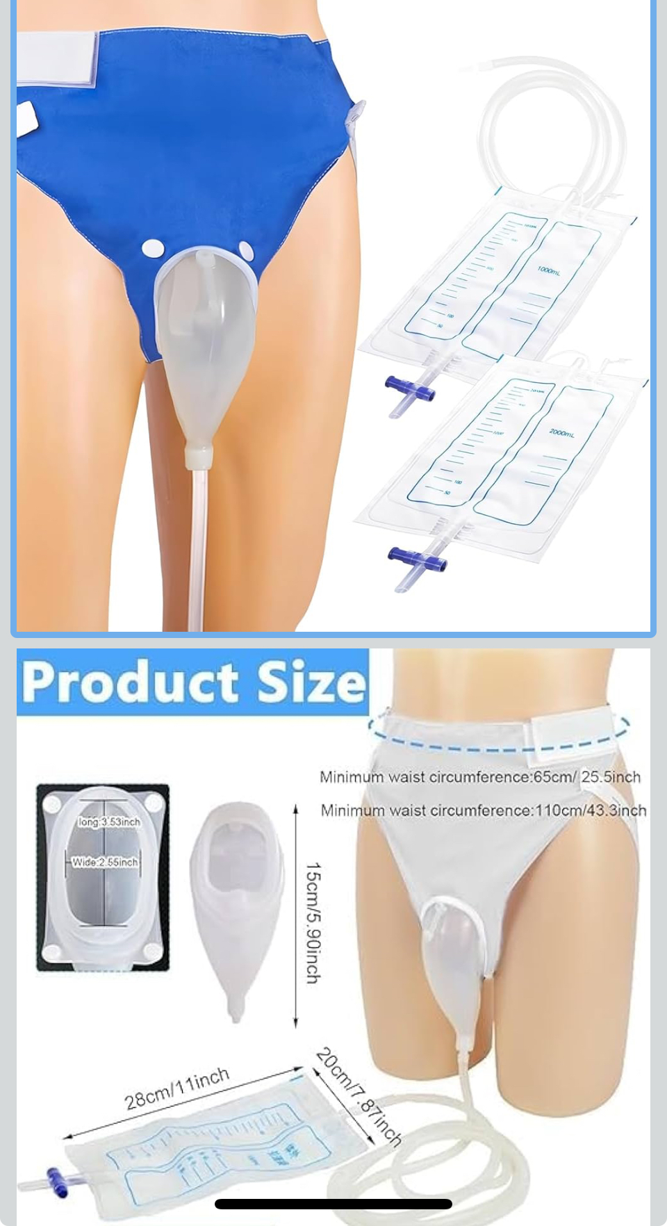 SHKAYTO 1Pack, Urine Collection Bag Reusable Wearable Silicone Urine Drainage Device with 2 Bag (1000ml/2000ml) Systems, Adjustable Cotton Pants, Elderly Men.
