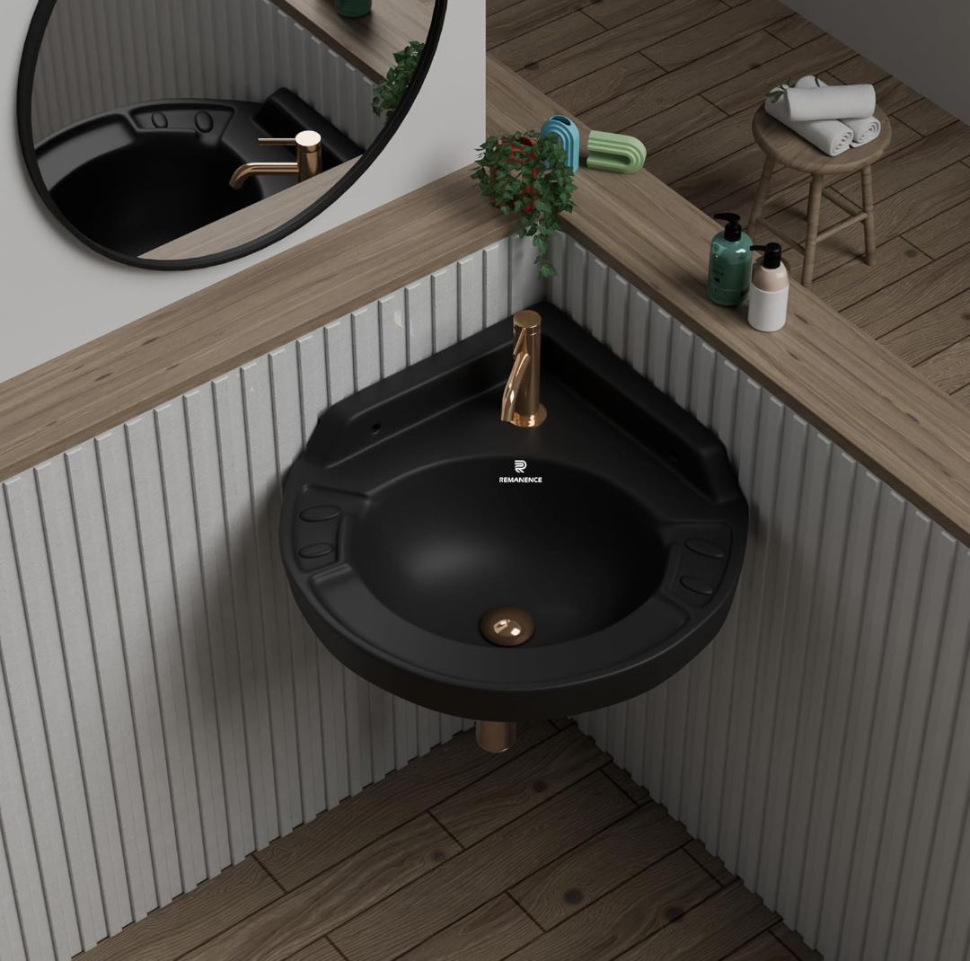 REMANENCE Ceramic Wall Hung Corner Wash Basin for Bathroom