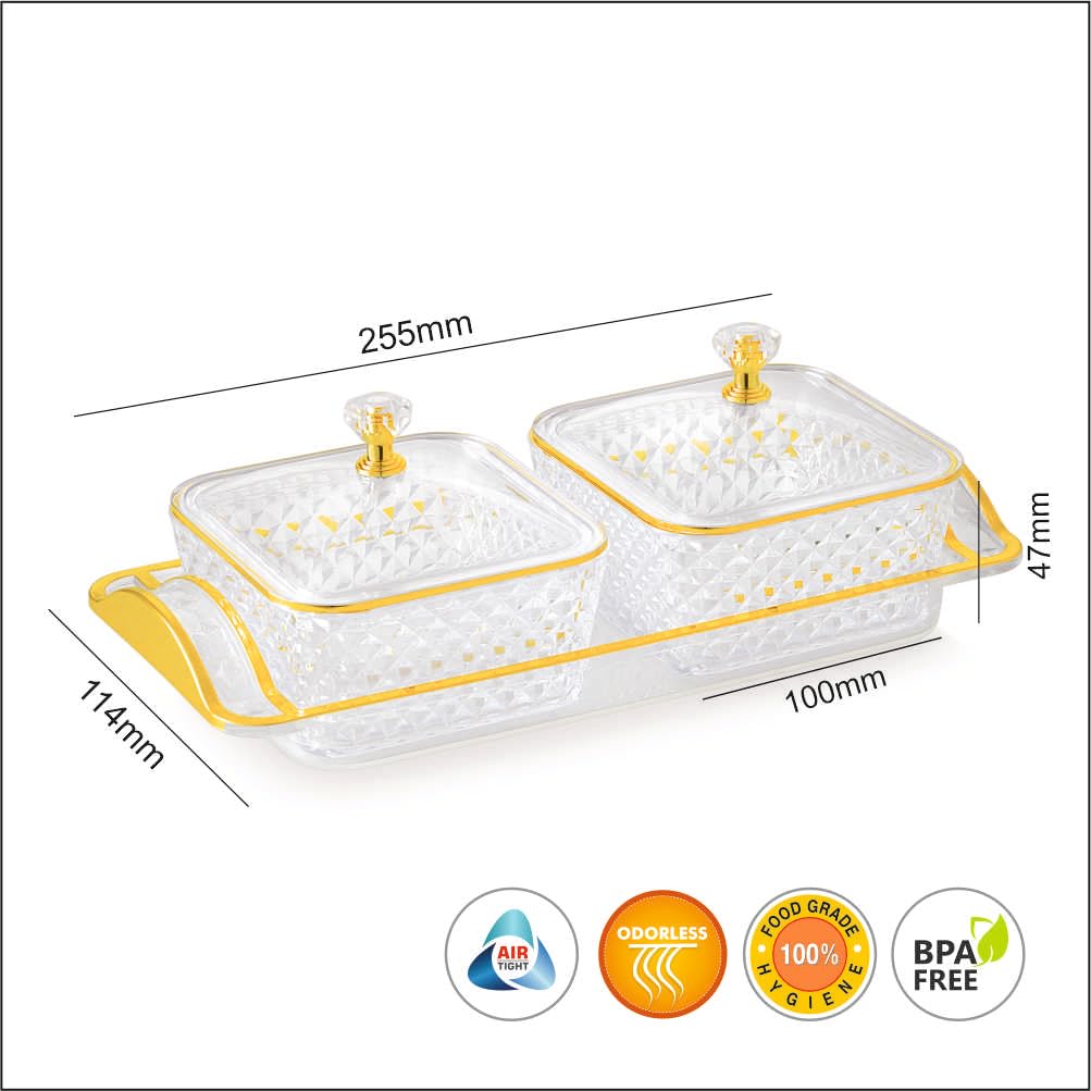 SKi Homeware Dry Fruit Serving Set, Airtight Containers with Gold Rim Tray, Crystal Knob Lids, Diamond Pattern (Valencia- Set of 2, 300ml each)