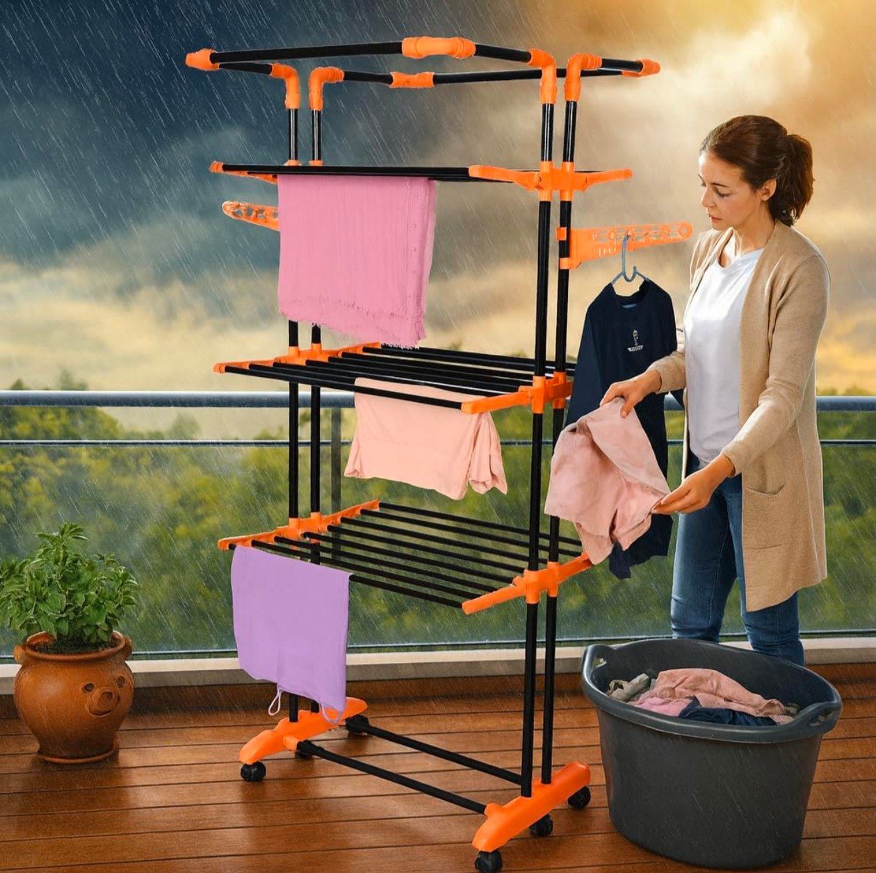 PARASNATH 3 Poll Steel Orange Black Colour Cloth Drying Stand Multiple Folding Arms, Castor Wheels with Brake, Special Epoxy Coated Pipes for Rust - 6 Year Manufacturer Warranty - Made in India