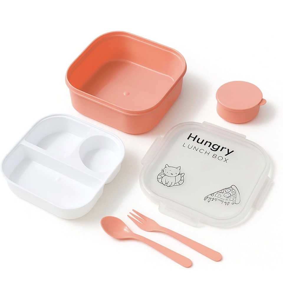 JIVEEX Hungry Lunch Box with Transparent Lid | 3 Compartment Leak Proof with Spoon, Fork & Sauce for Kids & Adults | Ideal for Office, School
