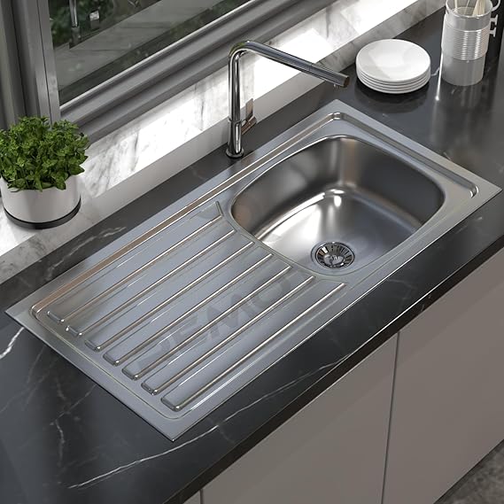 REMOTION 304 Grade Stainless Steel Single Bowl Kitchen Sink with Integrated Drain Board