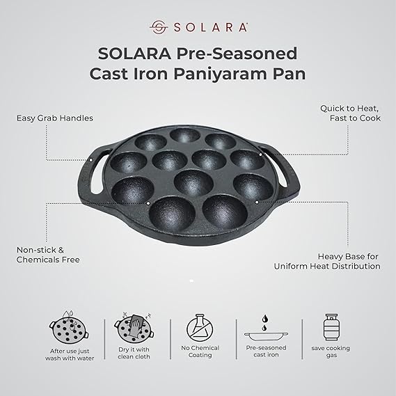 SOLARA Pre Seasoned Cast Iron Paniyaram Pan 9 Cavities 8 Inch, 20 cm Appam Patra
