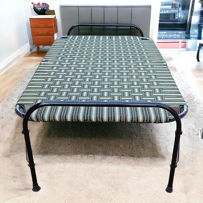 NATTNAK Single Folding Bed Size 3x6Ft Iron Frame with Nylon Niwar Home Outside