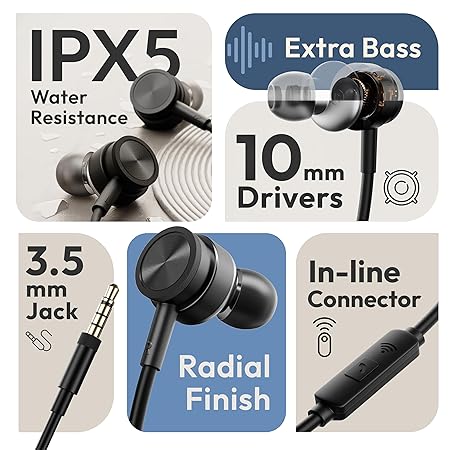 Boult Audio Newly Launched XO Black Wired Earphones with 3.5mm Jack