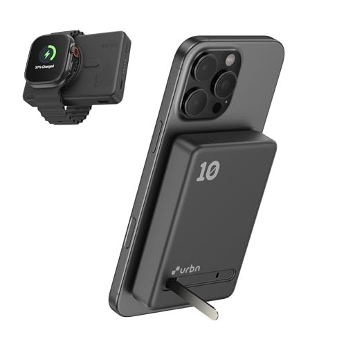 URBN Slide Pro MagSafe 4-in-1 Wireless Power Bank 10000mAh with Kickstand | Designed for iPhone 12+, Apple Watch, AirPods & Qi Devices | MagTag Ring Included (Black)