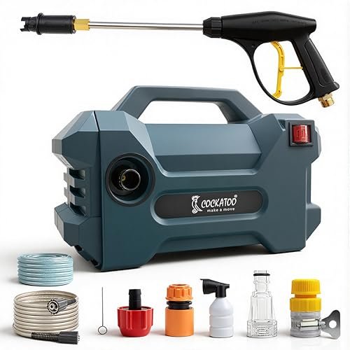 Cockatoo RinseSmart15W High Pressure Washer, Corded Electric 1500W 2.5HP, 96 Bar, 6L/Min Flow, Aluminium Motor, 7m Hose, Foam Spray Gun â€“ Car, Bike, Patio, Garden, Vehicle, Outdoor Cleaning Dark Teal
