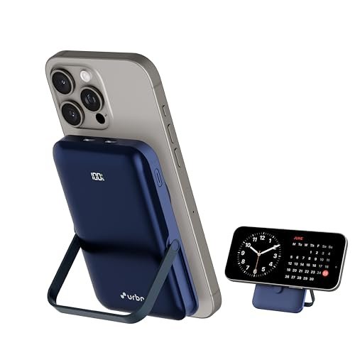 URBN 10000 mAh Stand Pro Magsafe Power Bank with Foldable Metalic Stand | 15W Fast Wireless Charging | Strong Magnetic Hold | Type C Input/Output | Pass Through Charging (Blue)
