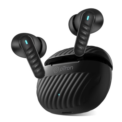 pTron Bassbuds Bliss TWS Ear Buds w/ 4 QuadPro Mics, 3D Audioscape, AI-ENC Calls, 40H Playtime, 50Ms Low-Latency Game/Music Modes, BTv5.3, Type C Fast Charging & IPX5 Water Resistant (Obsidian)