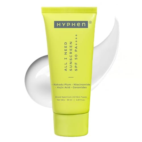 Hyphen All I Need Sunscreen SPF 50 PA++++ | No White Cast | In Vivo Tested | Brightens with Niacinamide, Kojic Acid & Vitamin C Rich Kakadu Plum | Hydrating Lightweight Non-Greasy UVA/UVB Protection | For Oily, Dry & All Skin Types | Women & Men | 50ml