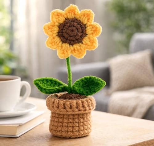 PANCA Artificial Crochet Sunflower with Pot for Home Decor | Table & Desk Decorative Flower | Office, Bedroom, Car Dashboard Accent | Gift for Birthday, Wedding & Festive Decor