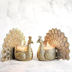 BEHOMA Aluminium Dancing Peacock Figurine Pair for Love & Good Luck | Home Décor Tabletop Showpiece with Scented Votive Candles | Valentine, Anniversary & Wedding Gift for Couples | Set of 2, Gold