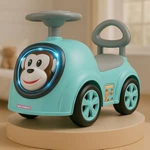 MiniExplorer Monkey Ride-On Toy Car for Kids | Push Ride Car with Music, Horn, Backrest, Safety Guard, Under Seat Storage & Big Wheels | Baby Ride-On for 1-3 Years Boys & Girls - Blue