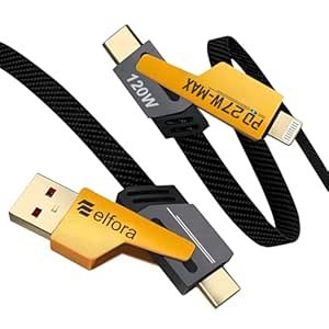 Elfora 120W 4 in 1 Multi Function Braided Fast Charging Cable | Quad 1.5m Rugged Multi Function | Type C to USB A | Type C to Lightning | Compatible with iPhone, MacBook, Samsung, Tablets & More