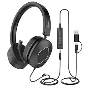 Dyazo Wired Headset with Microphone | Active & Environmental Noise Cancellation | 3-in-1 USB, Type-C & 3.5mm Connectivity | in-Line Controls | On-Ear Headphones for PC, Mobile Phone & Laptop (Black)