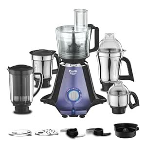 Preethi Zodiac Glitter Mixer Grinder+Food processor I 750 Watt I 2yr Guarantee & Lifelong Free Service I 5 Jars (3 Stainless steel Jars +1 Juicer Jar+1 Master Chef Plus Food processor Jar)-MG 264