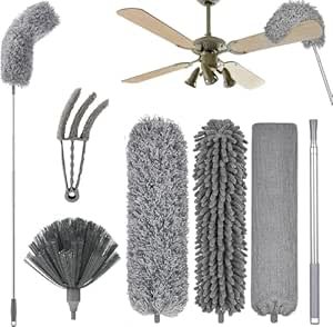 6Pcs Multifunctional Microfiber High Ceiling Duster with Extension Pole 30-100 Inch with Bendable Head for Cleaning Cobweb Window Blinds Furniture Under Bed Sofa Brush - Replacement Combination Set