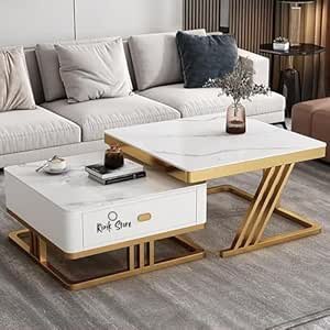 RIZIK STORE™ Iron Frame Handmade Drawer Square 20"x20" Coffee Table/Nesting Table/Side Table/Center Table with Engineered Wood Top for Living Room/Drawing Room/Balcony ((Gold, 20"x20"))